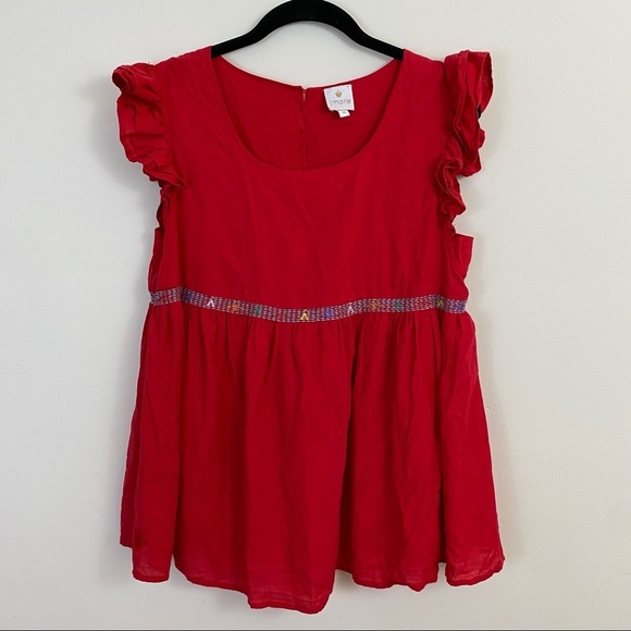 J.Marie Red Ruffle Sleeve Tank Embroidered Sleeveless Button Back Medium - Picture 1 of 6